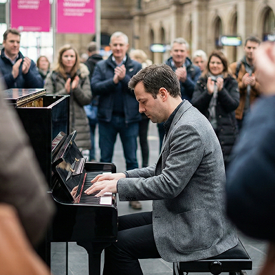 Homme qui joue du piano dans une gare SNCF