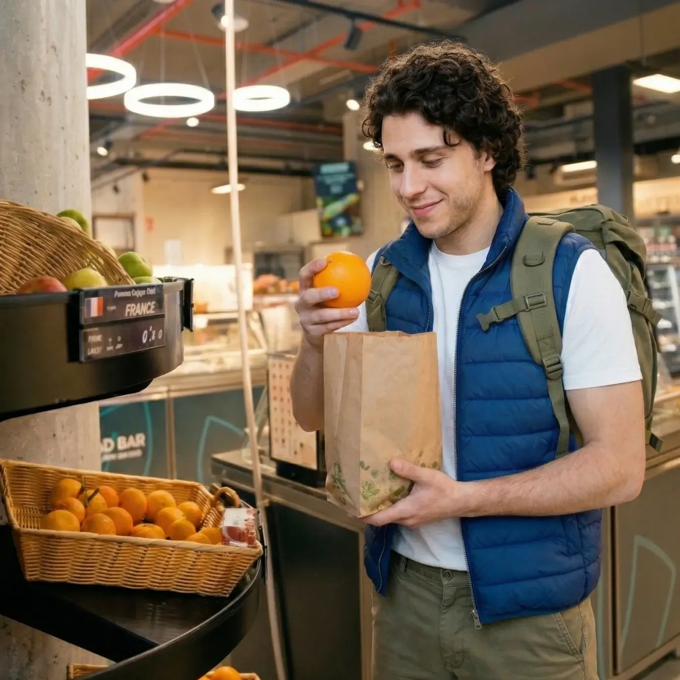 Voyageur choisissant des fruits frais au rayon épicerie du Carrefour Express en gare