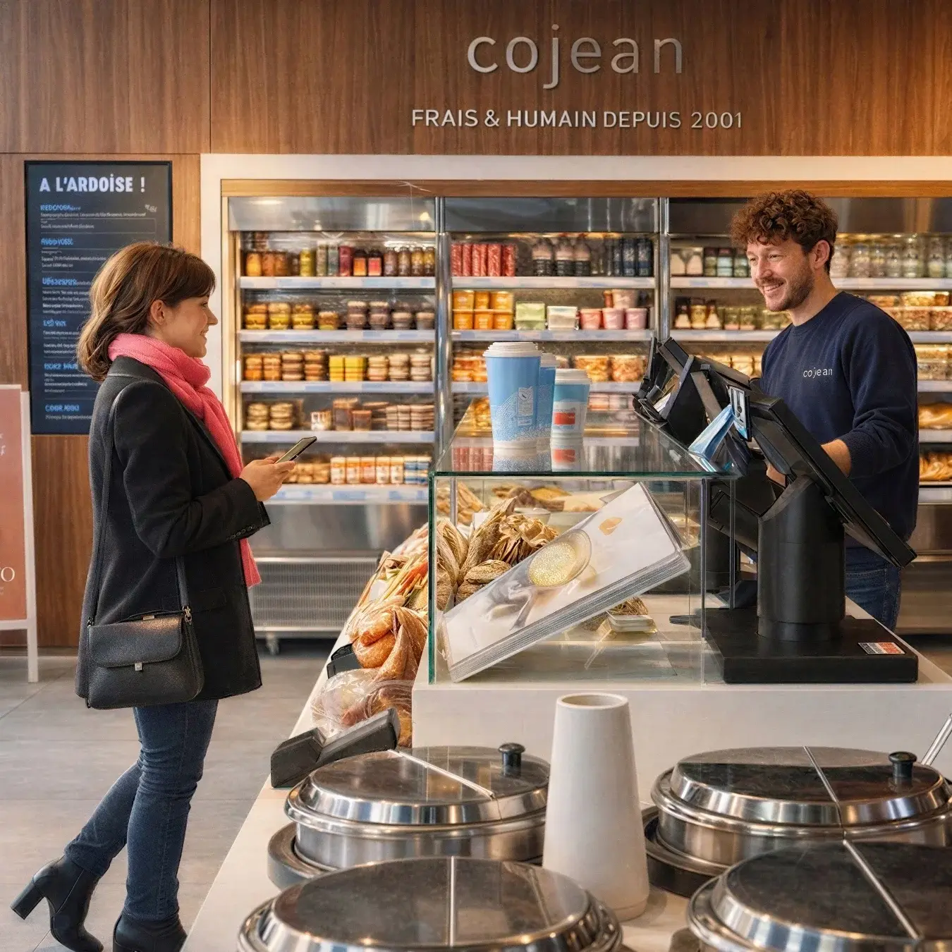 Cliente commandant au comptoir du Cojean en gare, rayonnages de produits frais en arrière-plan