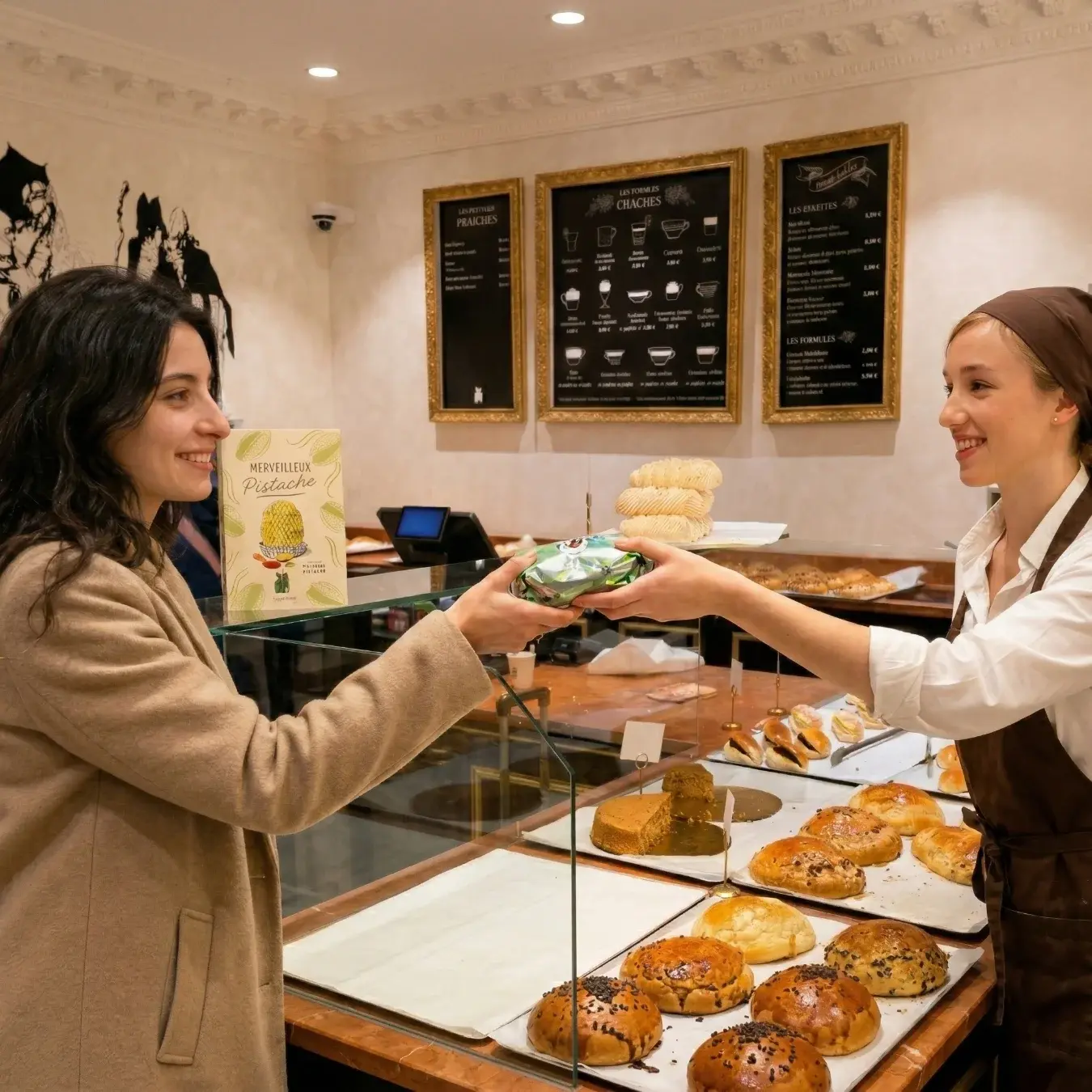 Vendeuse remettant un Merveilleux Pistache à une cliente souriante, vitrine de viennoiseries en premier plan